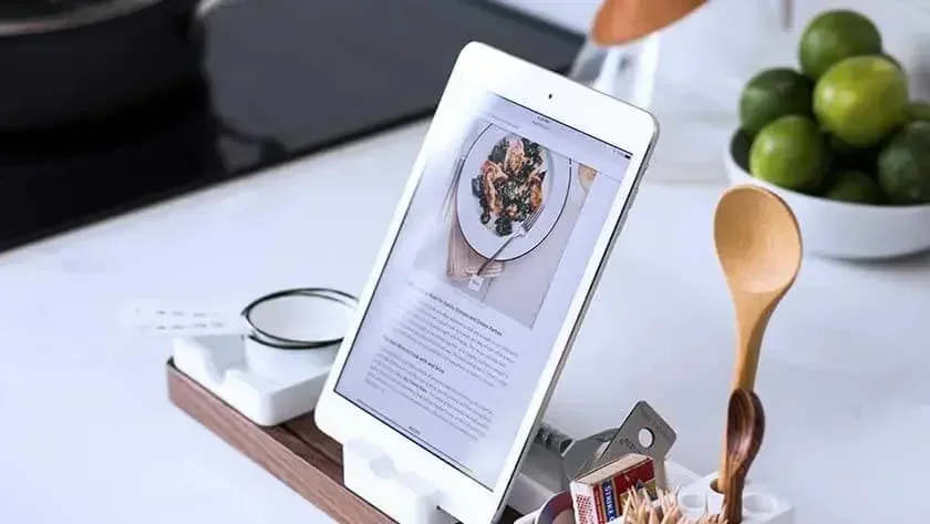 A tab on the kitchen counter displaying a recipe