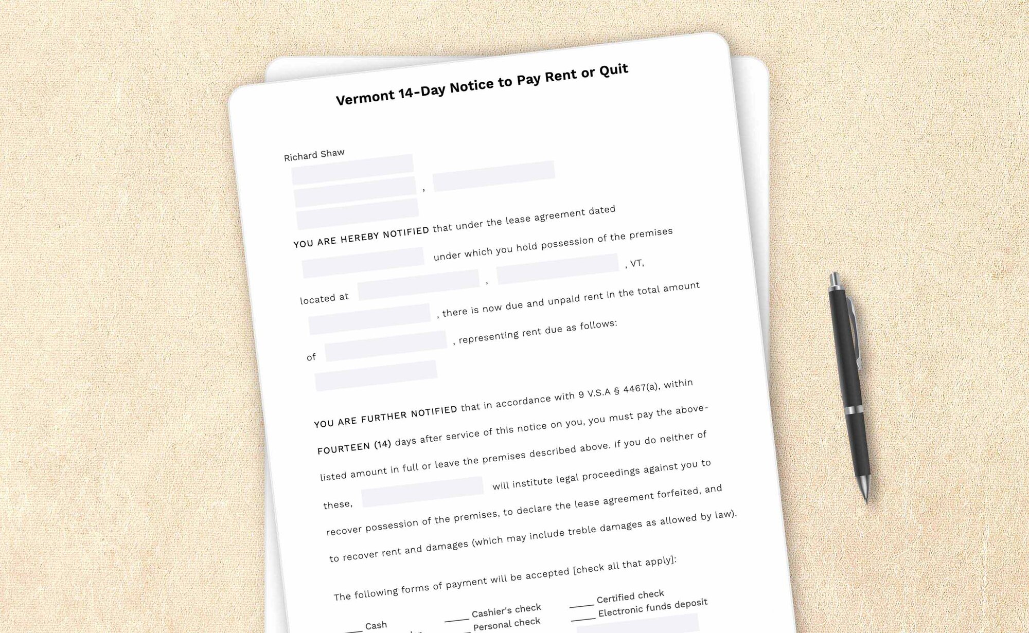 Vermont fourteen-day notice to pay rent or quit template by LegalZoom. Create and download notices easily!