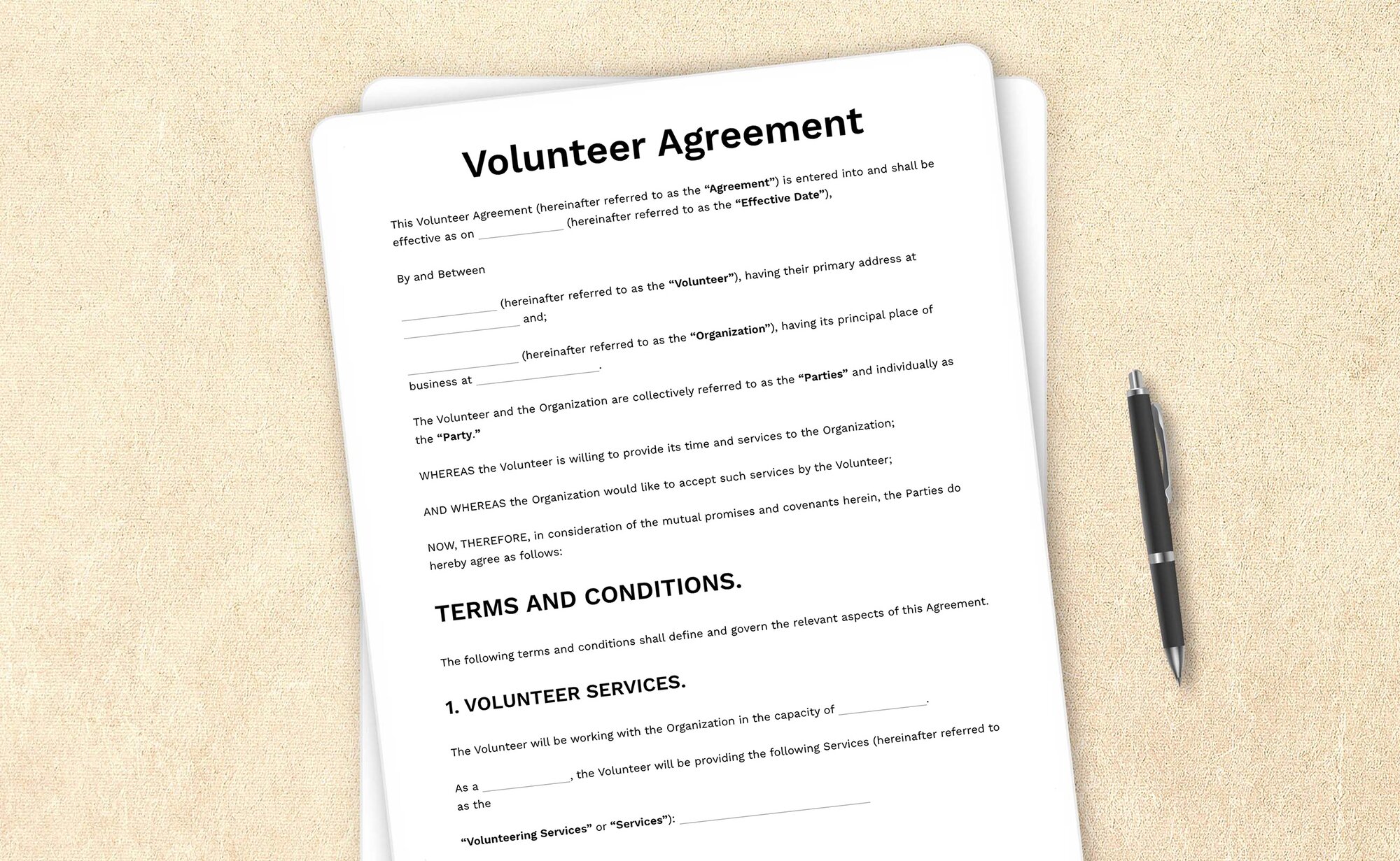 Template for a volunteer agreement specifying terms for volunteer work and responsibilities.