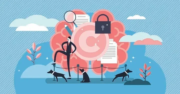 A drawing of a man standing in a park with three dogs surrounded by trademark application documents.