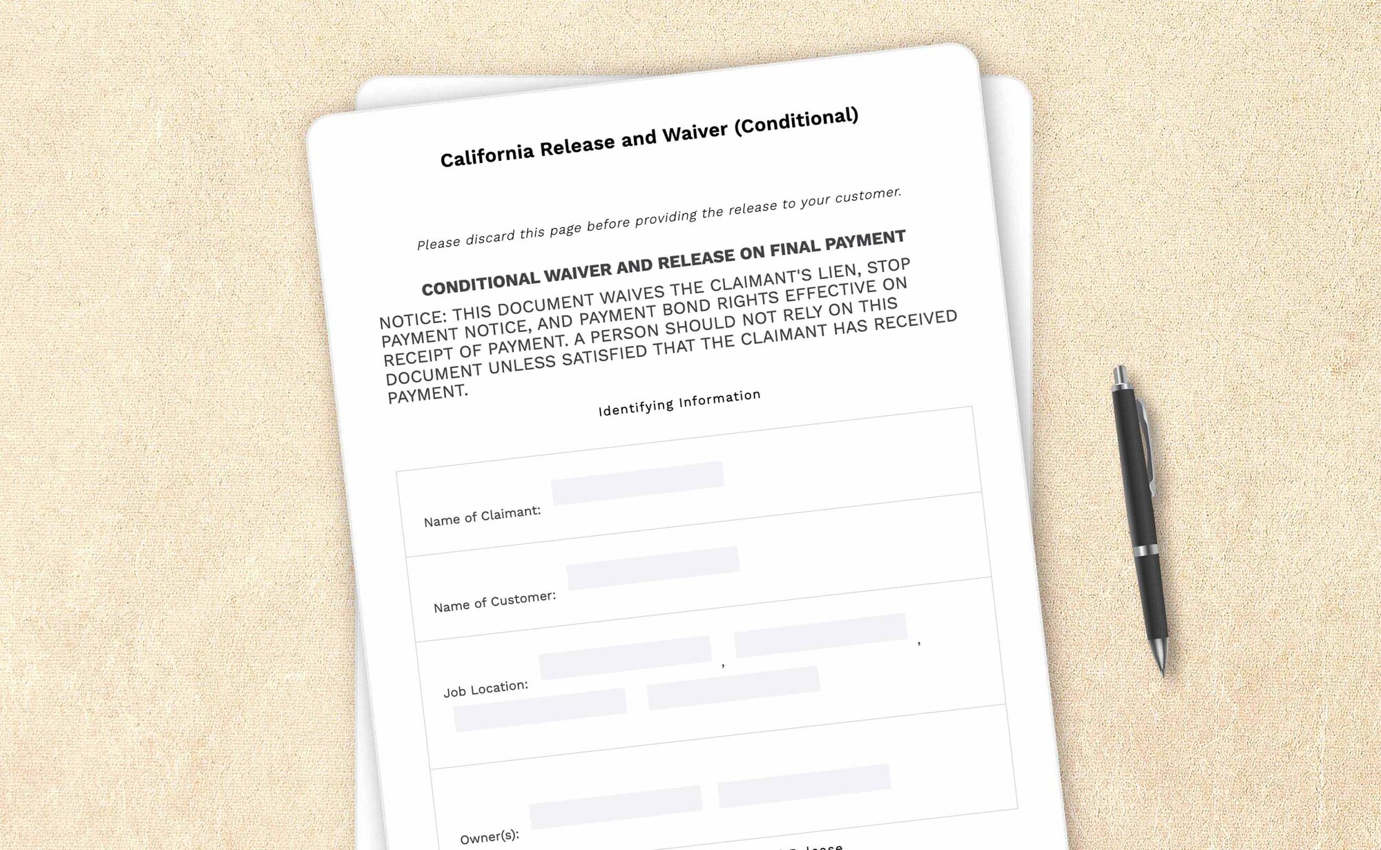 Professional California release and waiver of liens on full payment (conditional) by LegalZoom. Easily draft, edit, and download your agreements!