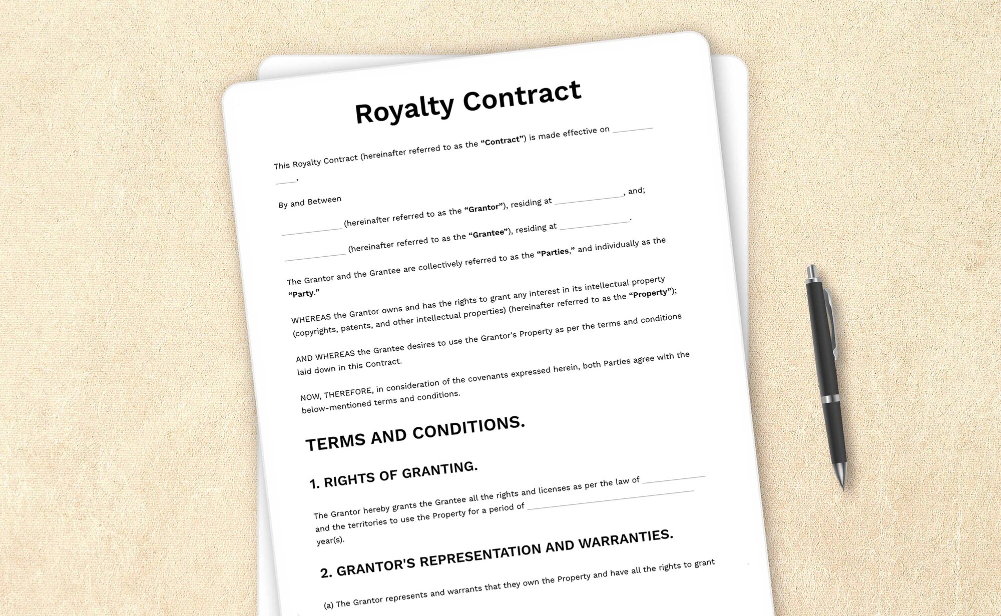 Template for a royalty contract outlining terms for royalty payments on intellectual property.