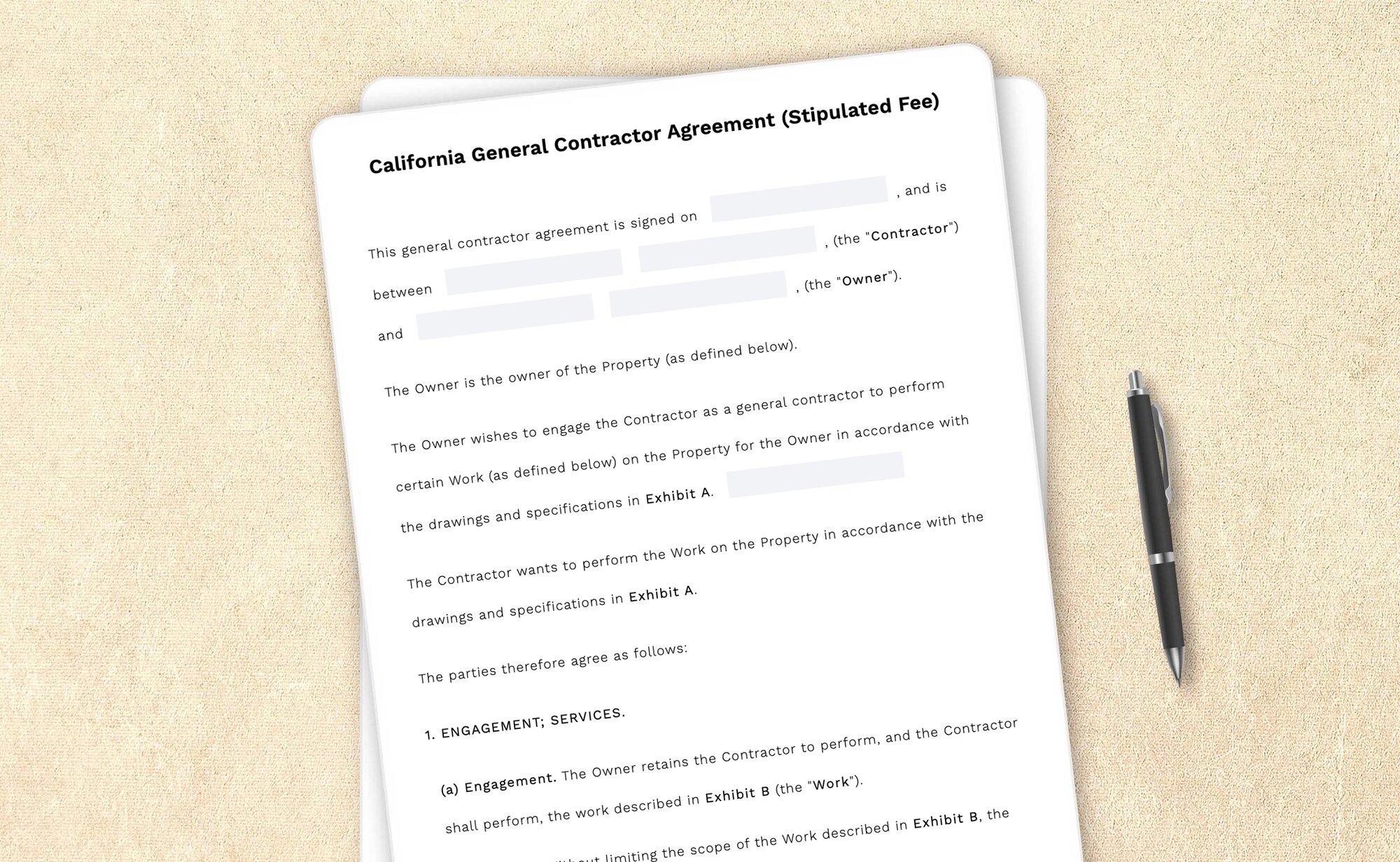 Professional California general contractor agreement (stipulated fee) template by LegalZoom. Easily draft, edit, and download your agreements!