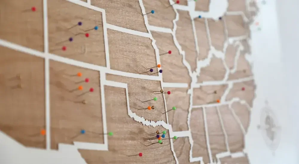 The United States map with pins