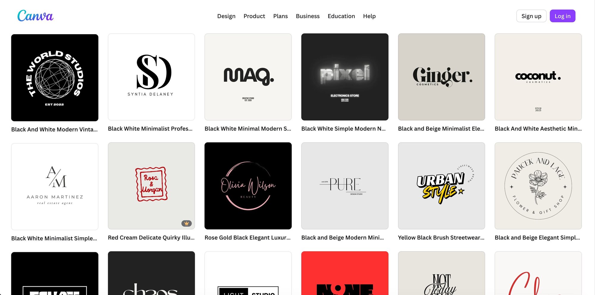 A screenshot of logo templates on canva.com.
