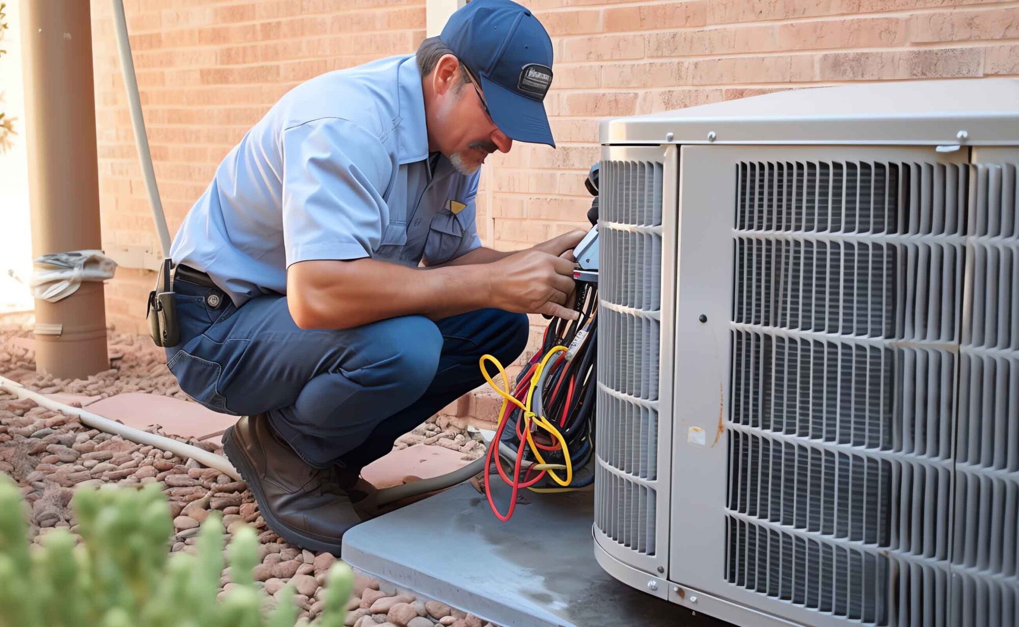 An image of a worker fixing the HVAC machine in the customer's garden area.