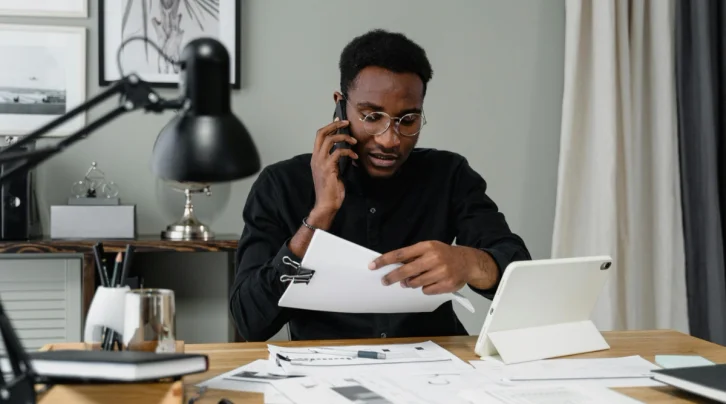 man wearing glasses sitting at his desk and on the phone.