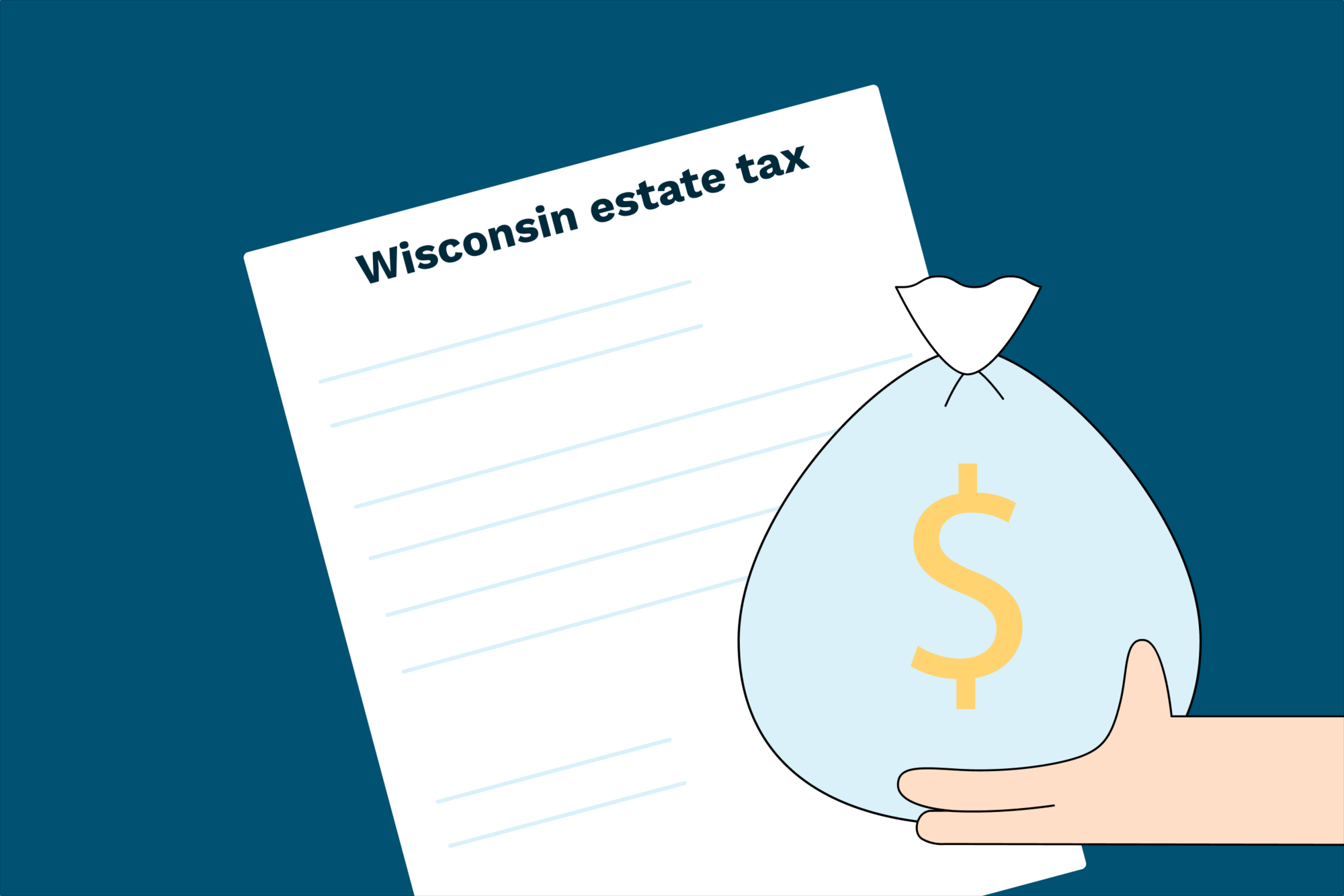An illustration of a Wisconsin estate tax document and a hand holding a bag of money.