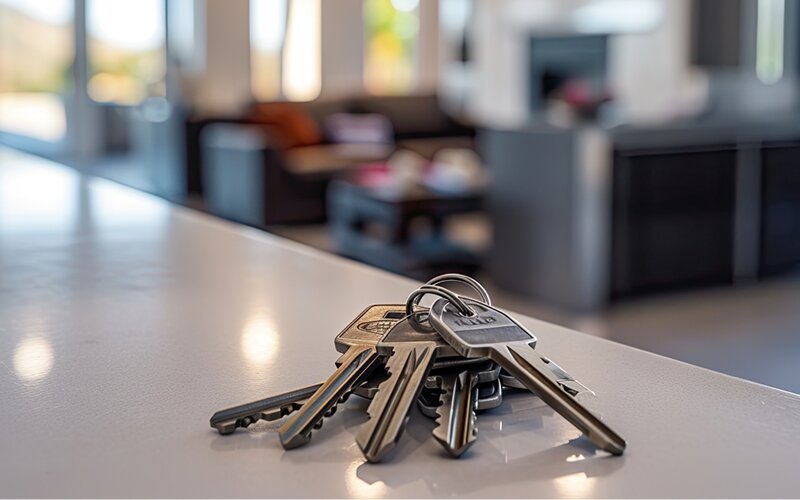 An image of a key bunch kept on a table inside a home. 