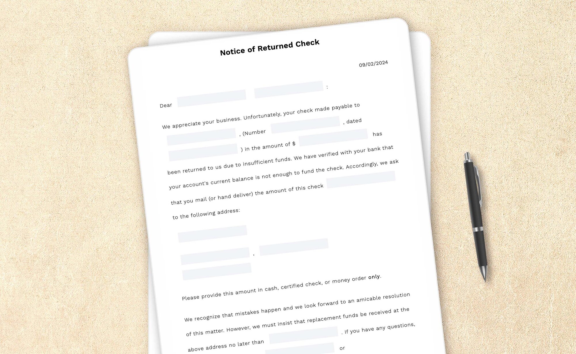 Returned check notice template by LegalZoom. Create and download notices easily!