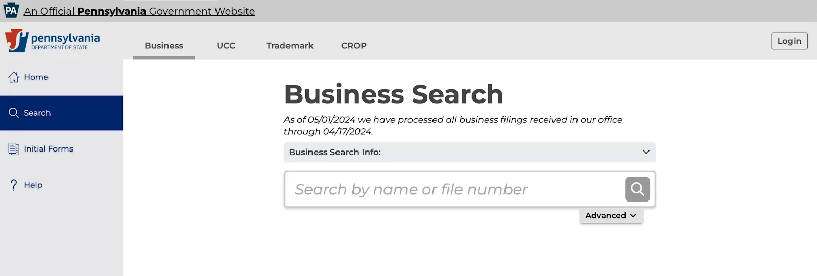 The PA Department of State Business Search landing page allows you to enter search terms for your desired business name.