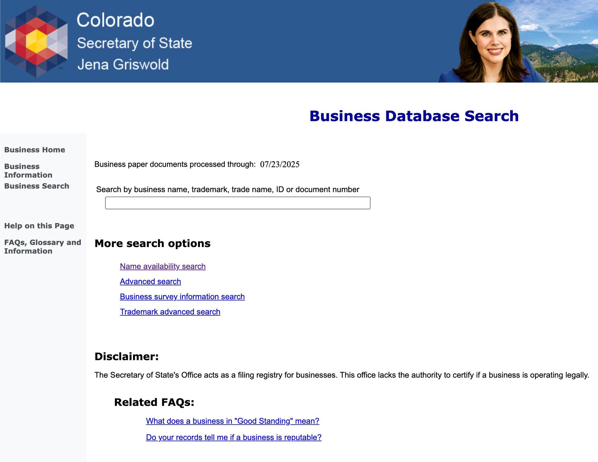 Screenshot of the Colorado business search homepage.