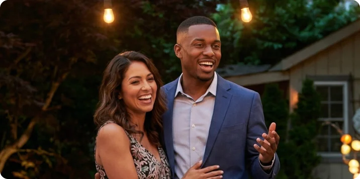 A biracial couple dressed in fancy clothing gives a speech at their rehearsal dinner.  