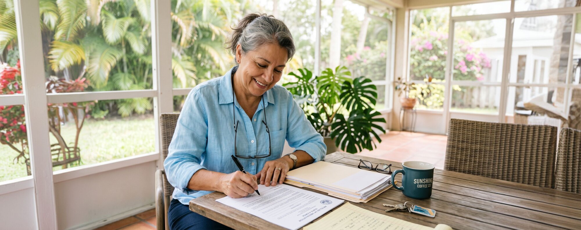 A woman reviews paperwork at her desk.