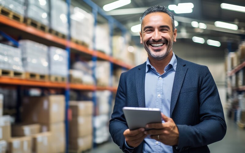 An image of a man smiling and holding a tab in a warehouse.