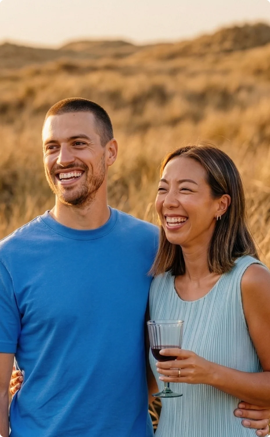 A biracial couple enjoys a toast as a vineyard 