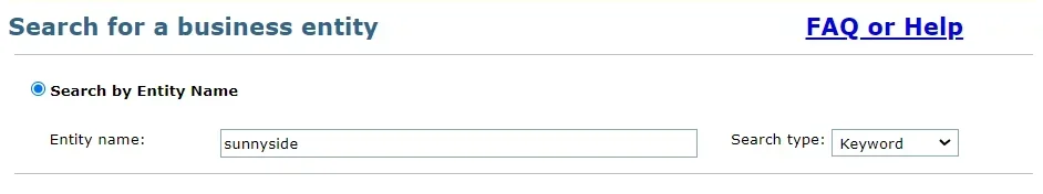 Screenshot of the Michigan business search homepage with "Sunnyside," entered into the search bar.
