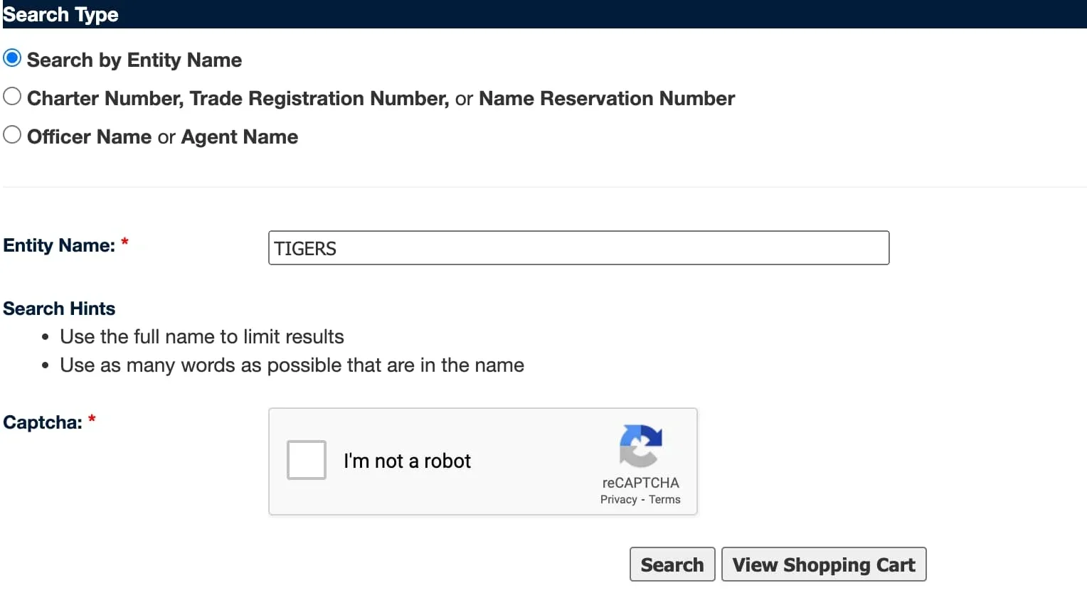 A screenshot shows the online page for "Search Type" on the LA business search page.