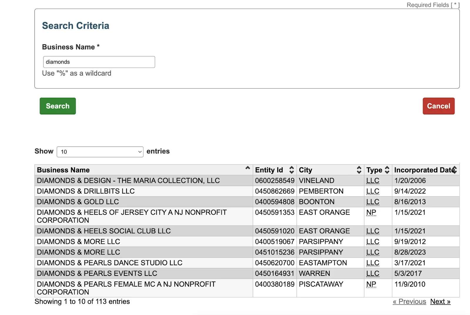 On the New Jersey business name search page, enter your desired name to see if anyone else is using it.