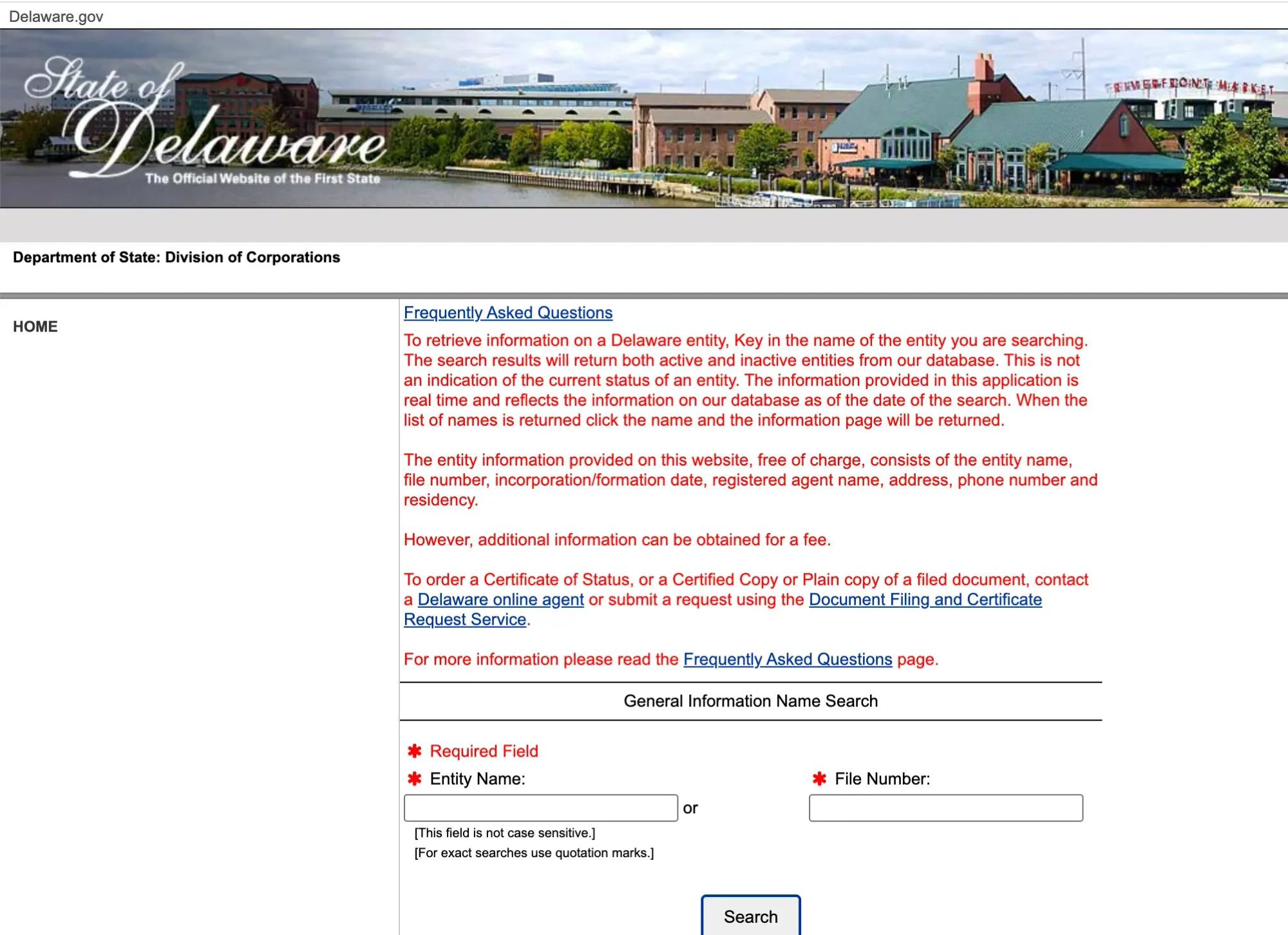 The photo shows the name search FAQs and search bar on the state of Delaware's corporations division page.