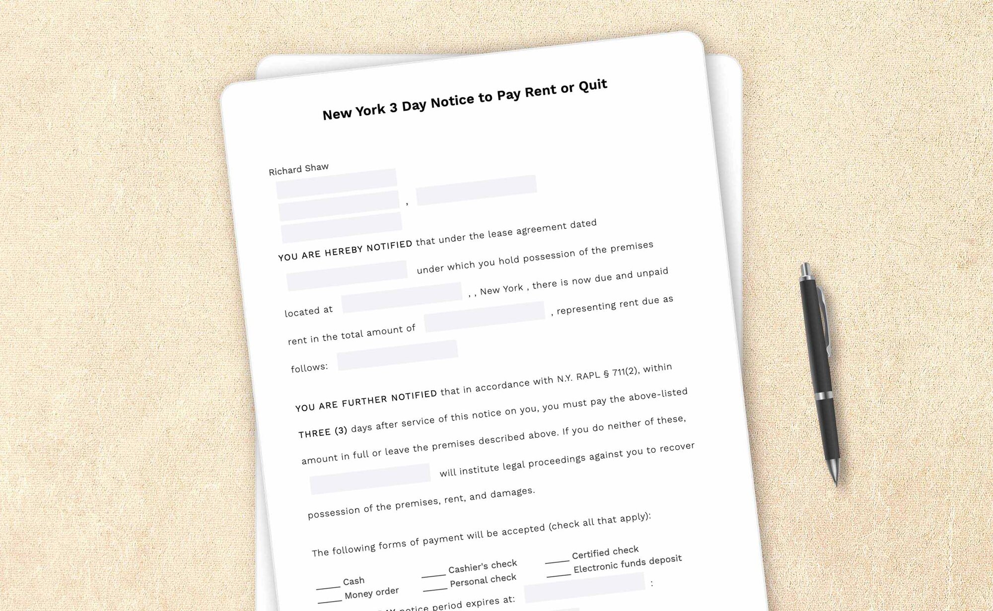 Free New York three-day notice to pay rent or quit template by LegalZoom. Create and download notices for free!