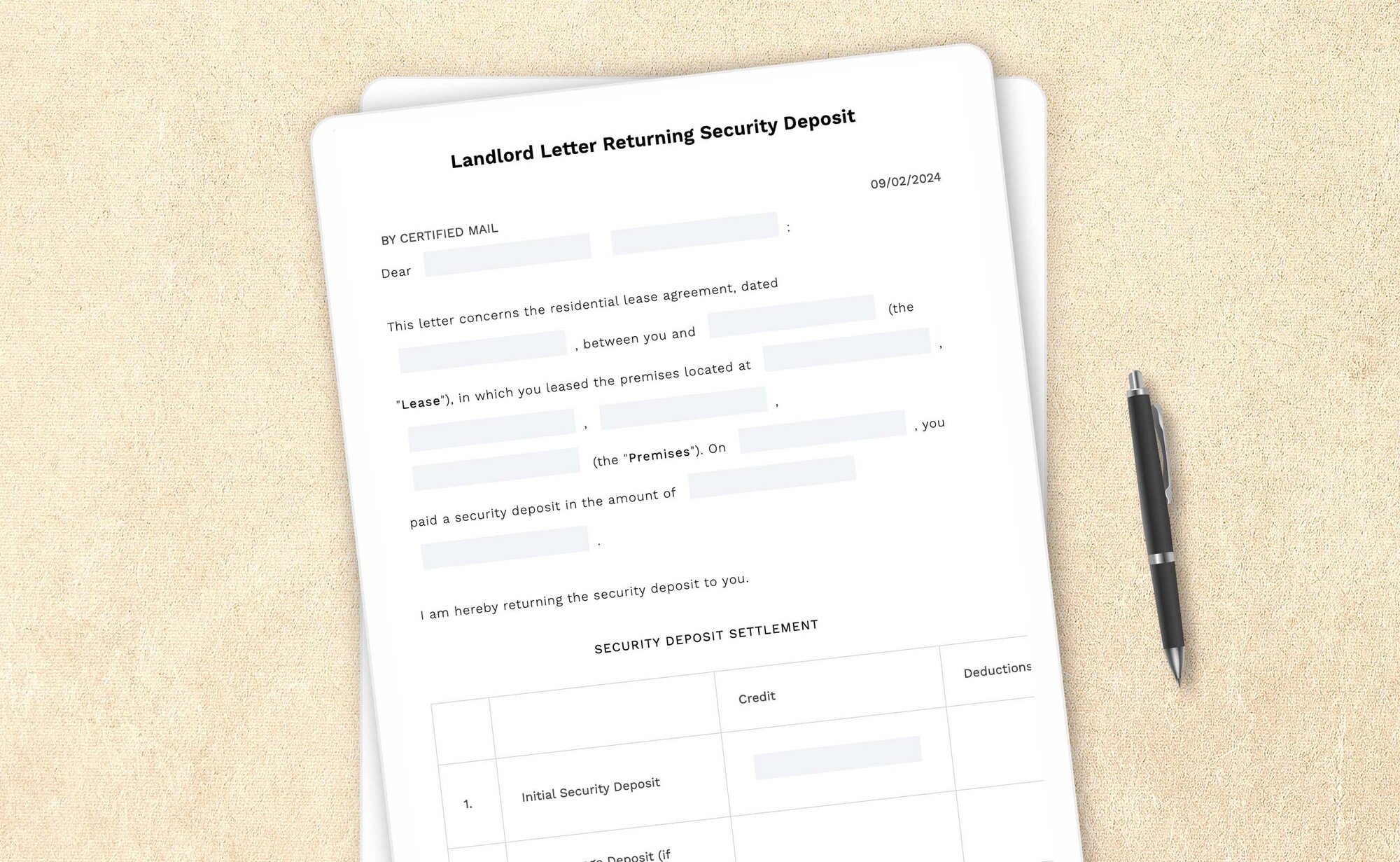 Landlord security deposit return letter template by LegalZoom. Create and download letters easily!