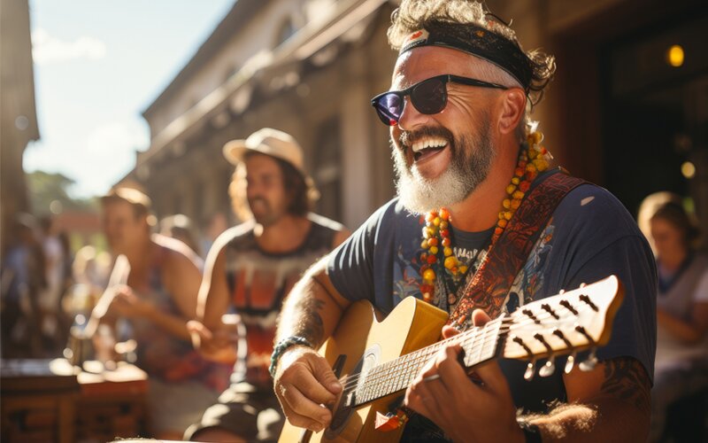 An image of 3 people from a band playing guitar and drums on the streets.