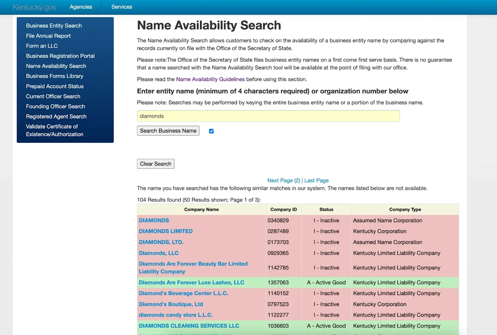 Screenshot of a Kentucky business name search