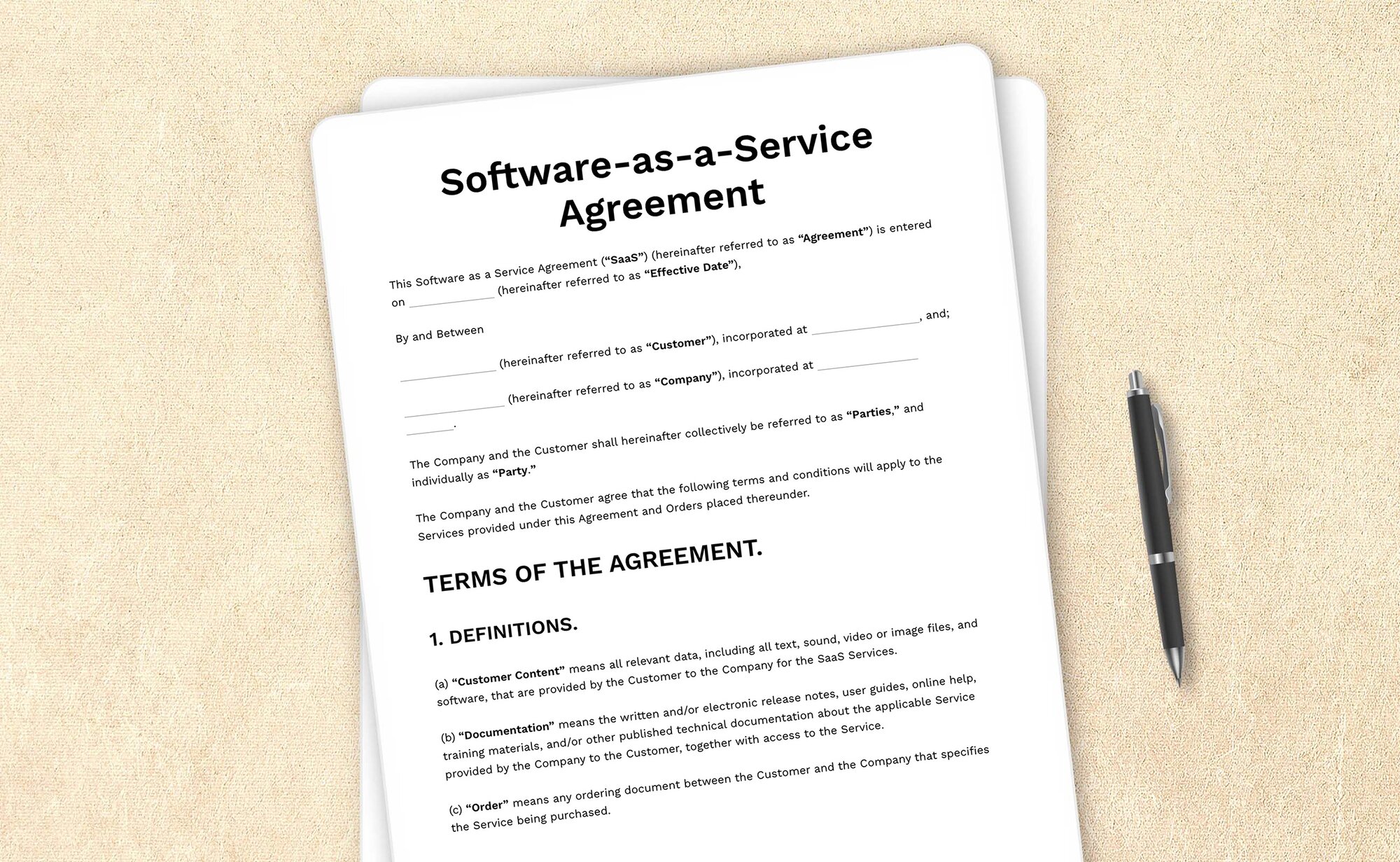 Template for a SaaS agreement outlining terms for accessing cloud-based software.