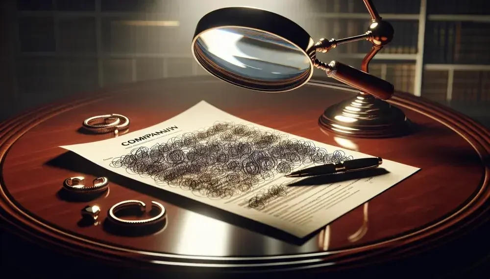 A dark oak side table holds a magnifying glass that hovers over a document, and a pen rests on top of the bottom of the paper. Much of the text has been blacked out by the pen. 