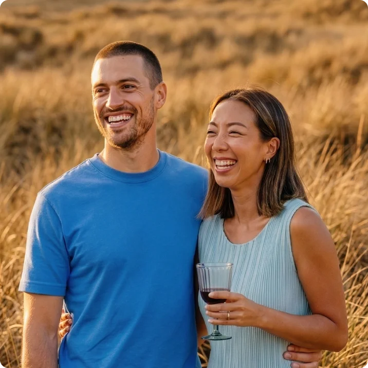 A biracial couple enjoys a toast as a vineyard 