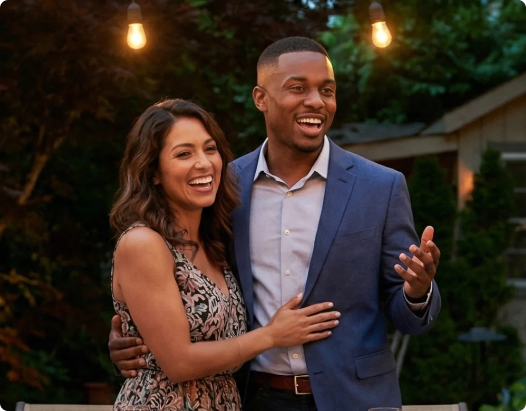 A biracial couple dressed in fancy clothing gives a speech at their rehearsal dinner.  