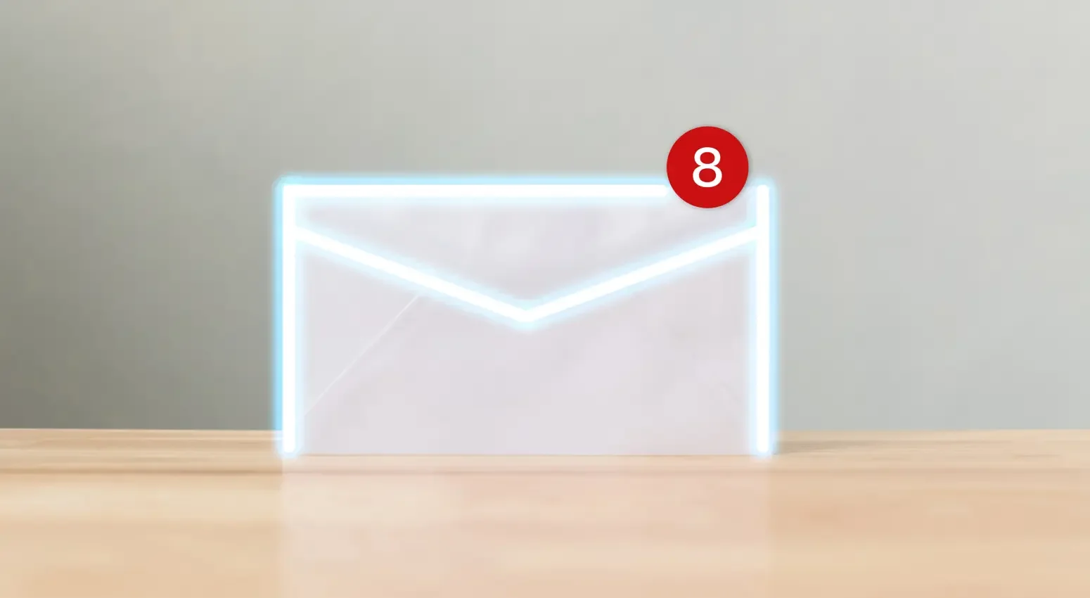 An illustration shows a glowing envelope with the number 8 in a red circle, symbolizing email alerts for eight notifications.