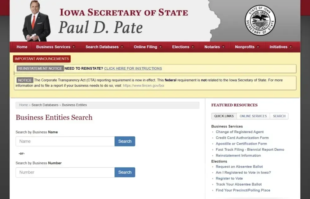 A screenshot of the Iowa business entities search homepage.