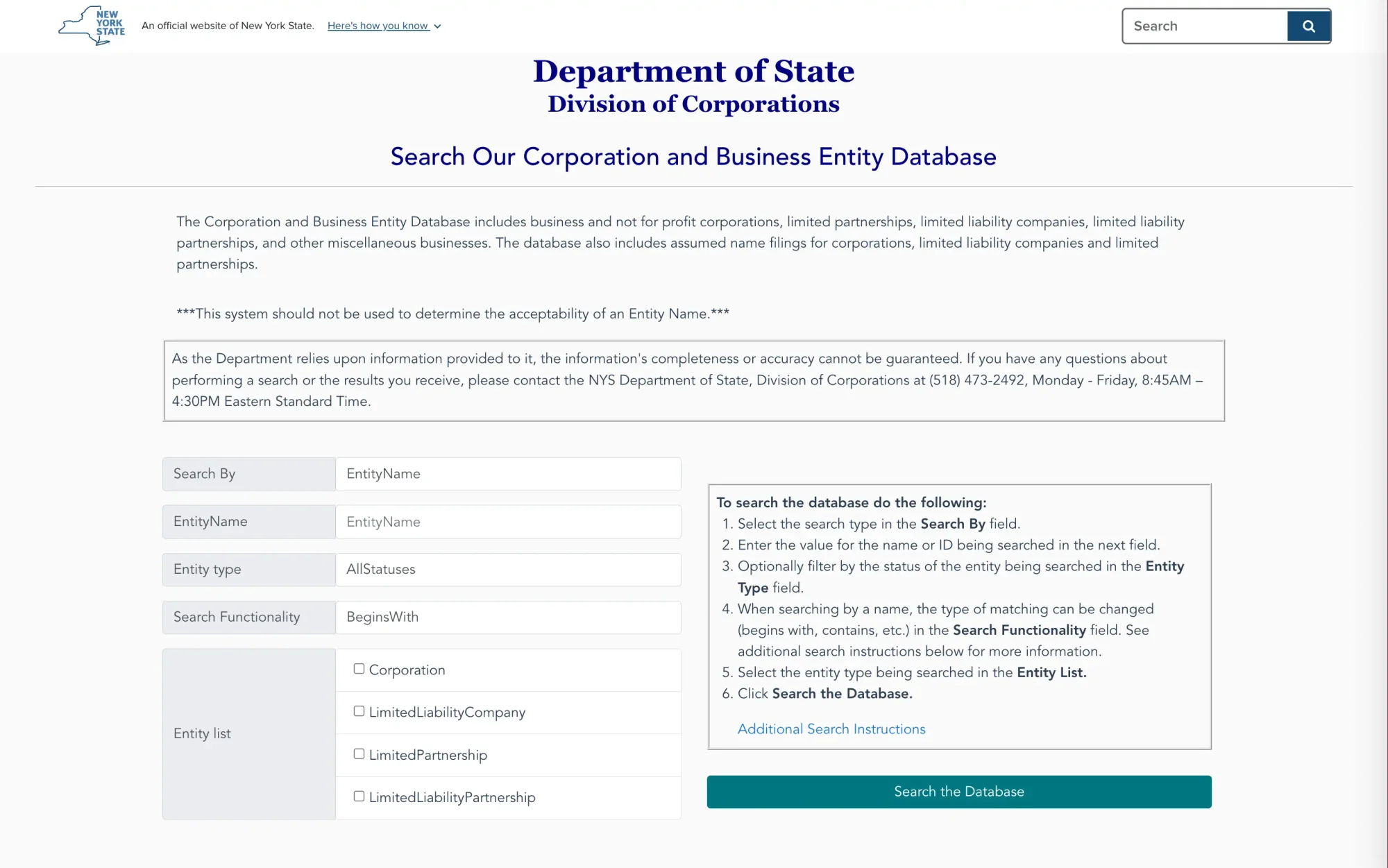 The N.Y. Department of State Division of Corporations business entity database allows you to search for business names.