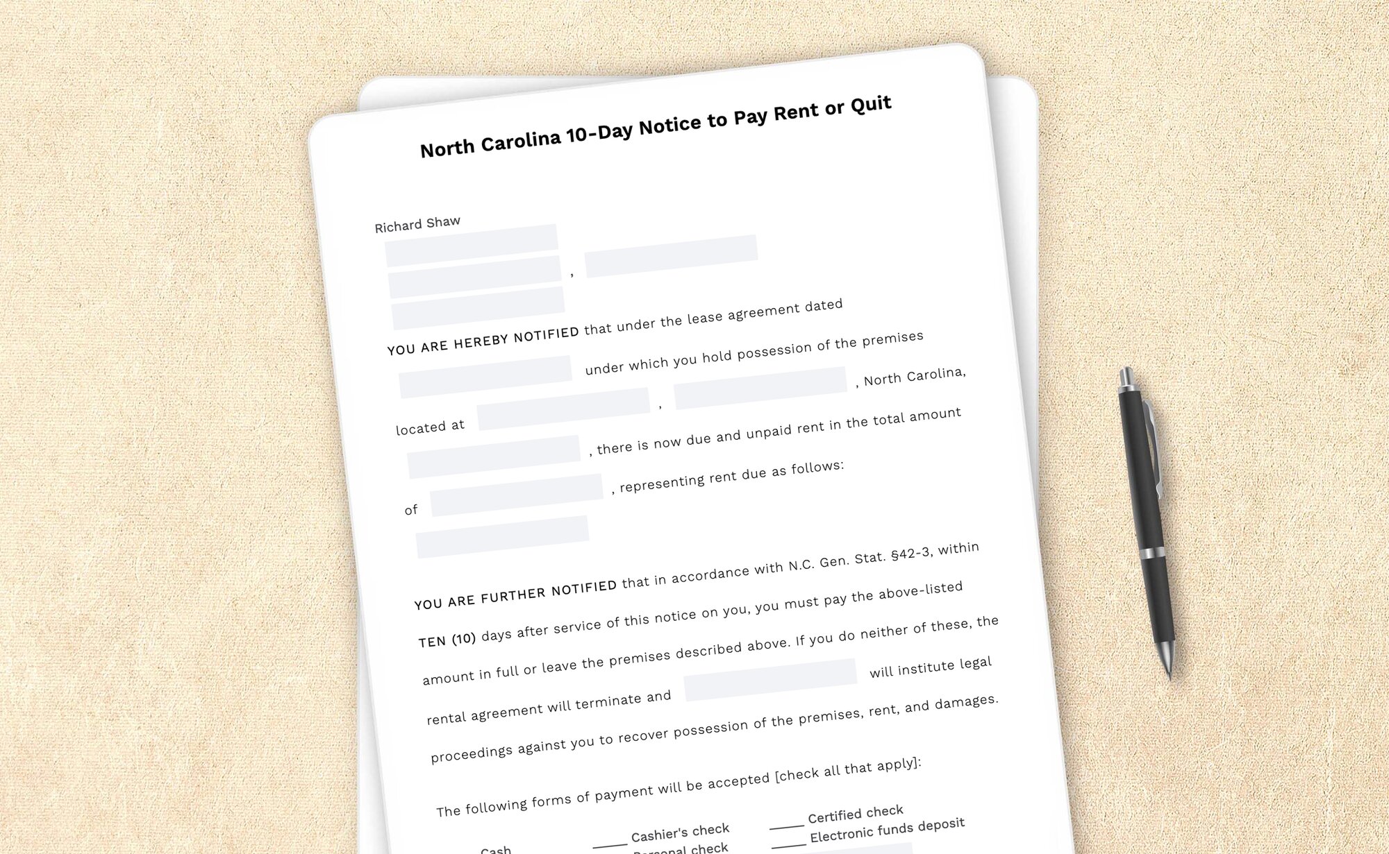 Free North Carolina ten-day notice to pay rent or quit template by LegalZoom. Create and download notices for free!