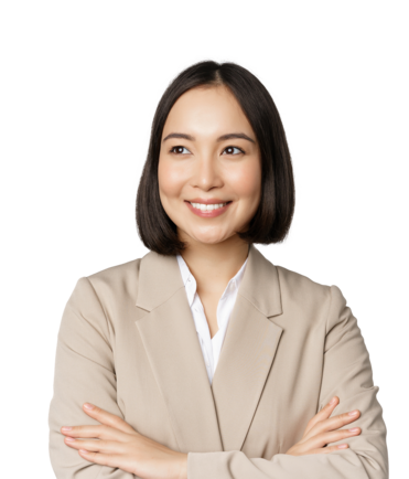 A family law attorney standing and smiling with her arms crossed with assist badge