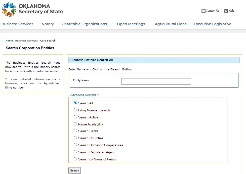 The Oklahoma Secretary of State website allows you to search by name for business entities.
