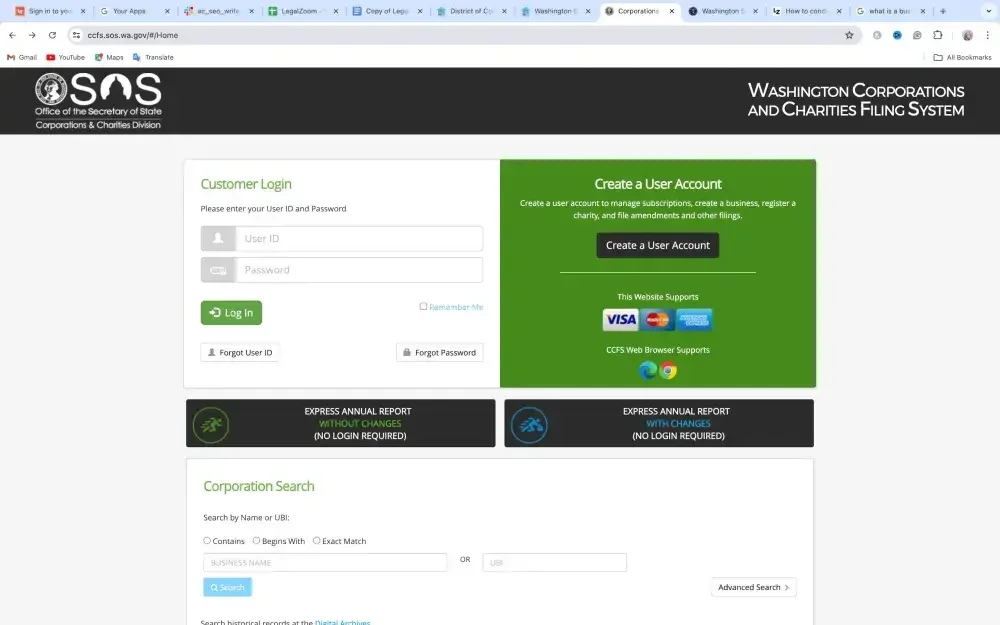 The landing page for the Washington Secretary of State Corporations and Charities System website