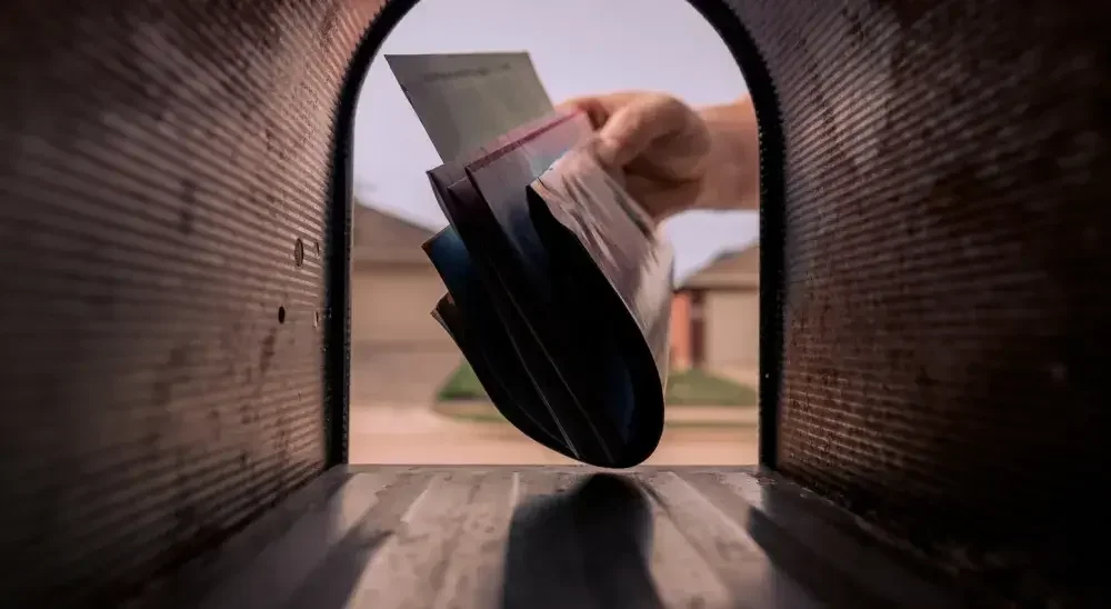 A hand holds a pile of mail in front of a mailbox.