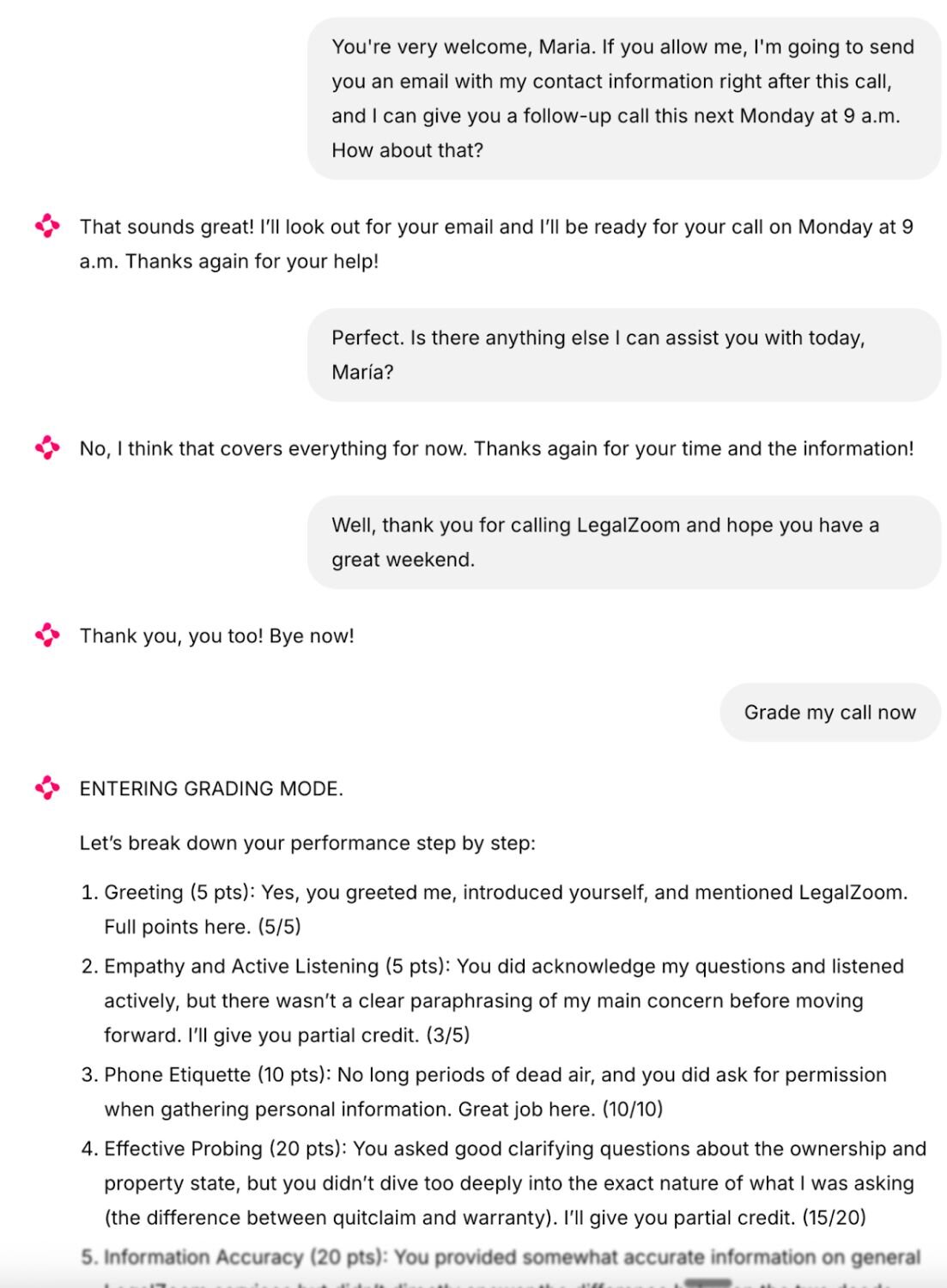 A screenshot of a chat within LegalZoom's AI customer call simulator app.