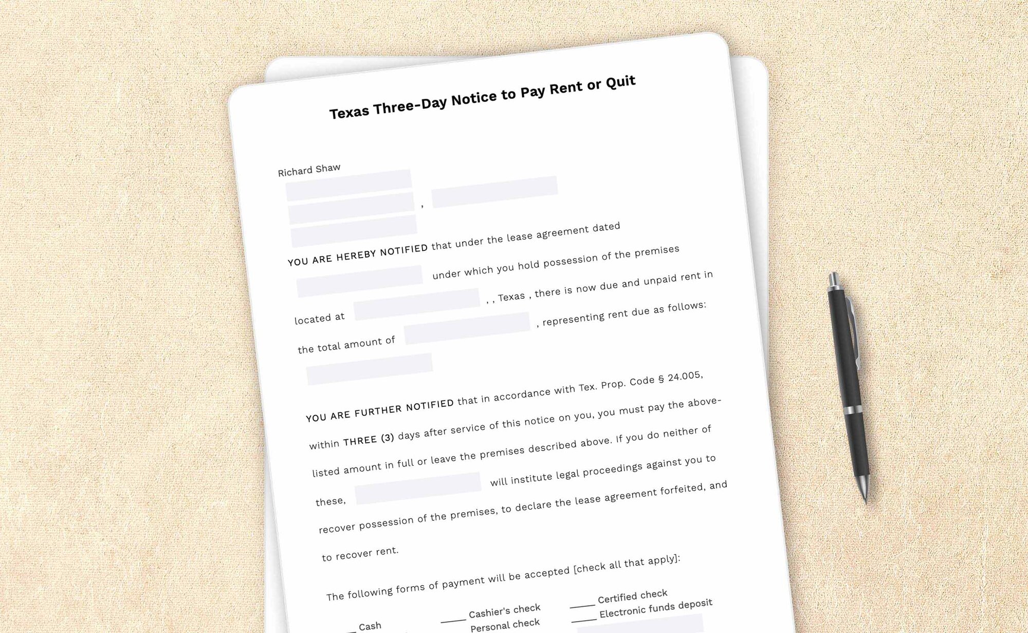 Texas three-day notice to pay rent or quit template by LegalZoom. Create and download notices easily!