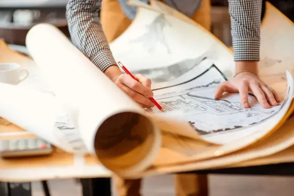 An architect who recently formed an LLC in NY marks up a blueprint for a new project.