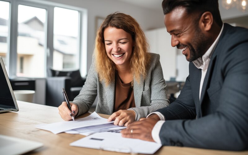 An image of 2 employees happily discussing an agreement in the office.