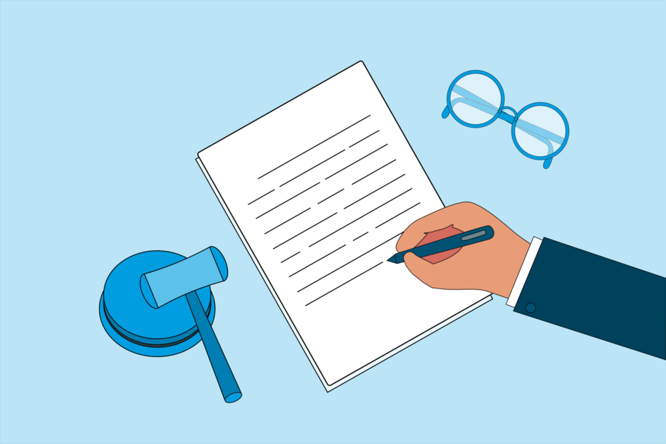 An illustration of a man signing a spendtrift trust document with his glasses and a gavel on the table. 