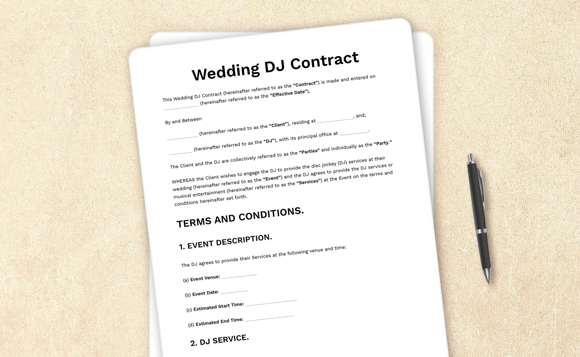 Sample contract template for hiring a DJ for a wedding event.