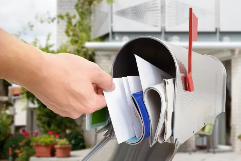 A hand holds a piece of mail in a personal mailbox. The U.S. Postal Service delivers on Saturday.