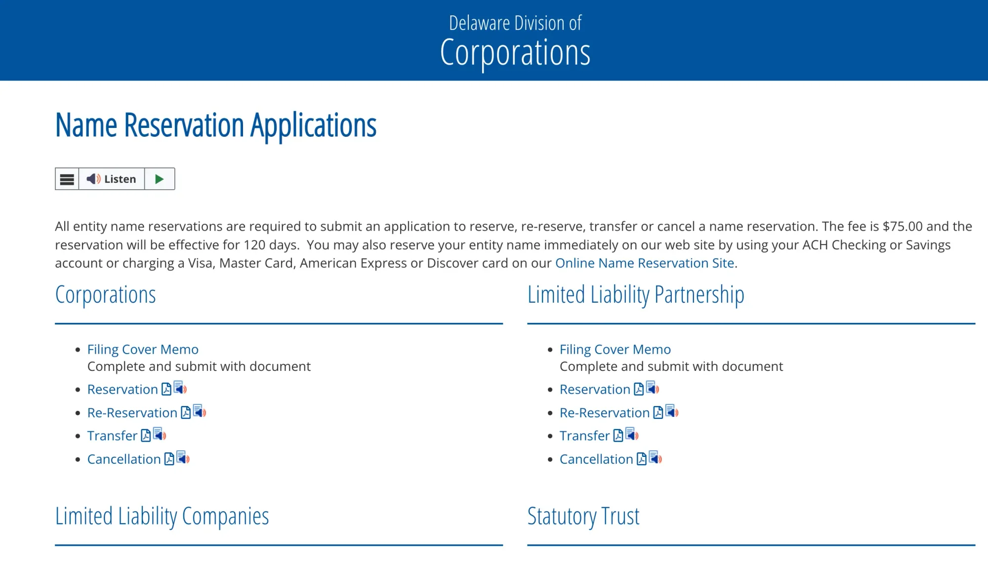 A photo shows what the Name Reservation Applications page looks like on the DE Division of Corporations' website.