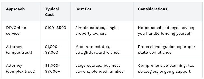 A table that breaks down the key differences between DIY trust and attorney-assisted trust formation