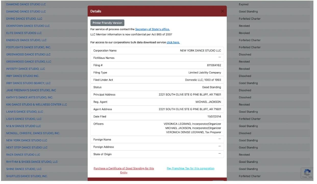 Screenshot of the Arkansas Secretary of State business entity entry showing information about a specific business.